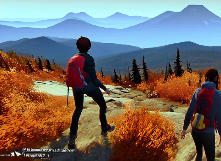 Image similar to friends hiking franconia ridge new hampshire in autumn, life is strange ps 3 gameplay ( 2 0 1 5 ), unreal engine