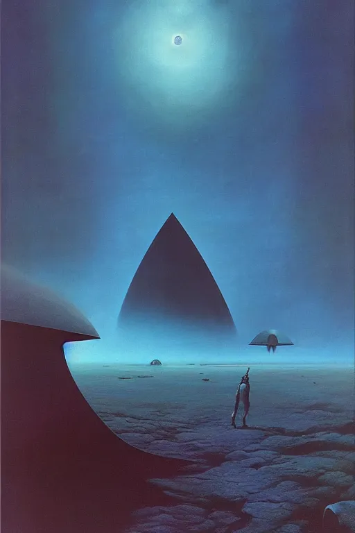 Image similar to emissary space by arthur haas and bruce pennington and john schoenherr, cinematic matte painting, zaha hadid building, photo realism, dark color palate, blue hour stars, desolate jungle landscape,