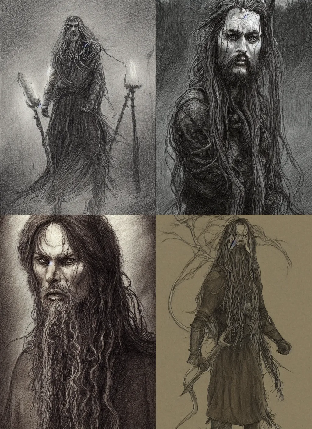 Prompt: a drawing of a tuatha de danann with long hairs in the style of alan lee and marc simonetti and emil melmoth, cinematic lighting