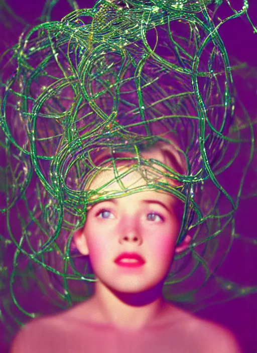 Prompt: realistic photo of a a blurred face of a girl, covered in plastic iridescent vines 1 9 6 0, life magazine photo, natural colors, metropolitan museum, kodak, 8 k, very detailed, high resolution, product photo,