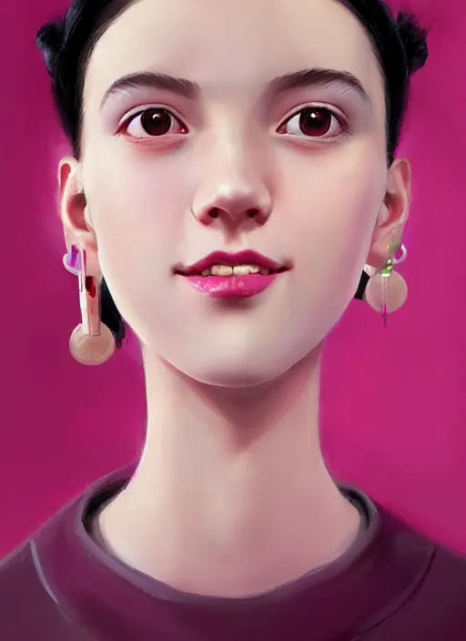 Image similar to portrait of high school girl, realistic, black hair, bangs, half updo hairstyle, pointy nose, skinny, smile, ugly, defined jawline, big chin, pink hair bow, earrings, intricate, elegant, glowing lights, highly detailed, digital painting, artstation, sharp focus, illustration, art by wlop, mars ravelo and greg rutkowski