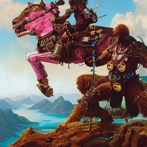 Prompt: a cyberpunk zulu warrior hunting a steampunk lion near a pink lake, by thomas blackshear and android jones, oil on canvas, afrofuturism, 8k