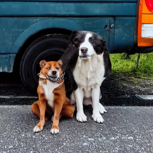 Prompt: a photo of two dogs sitting in front of the bus