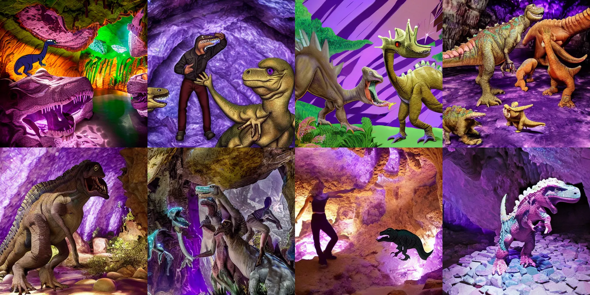 Prompt: ((dinosaurs)) (((in an amethyst cave))) (dancing disco)