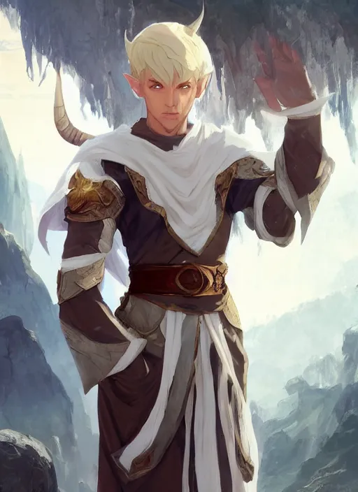 Image similar to concept art painting of an elf with brown skin and short white hair, demon horns, blue tunic and robes, detailed, d & d style, cel shaded, in the style of ruan jia and artgerm and makoto shinkai and james gurney