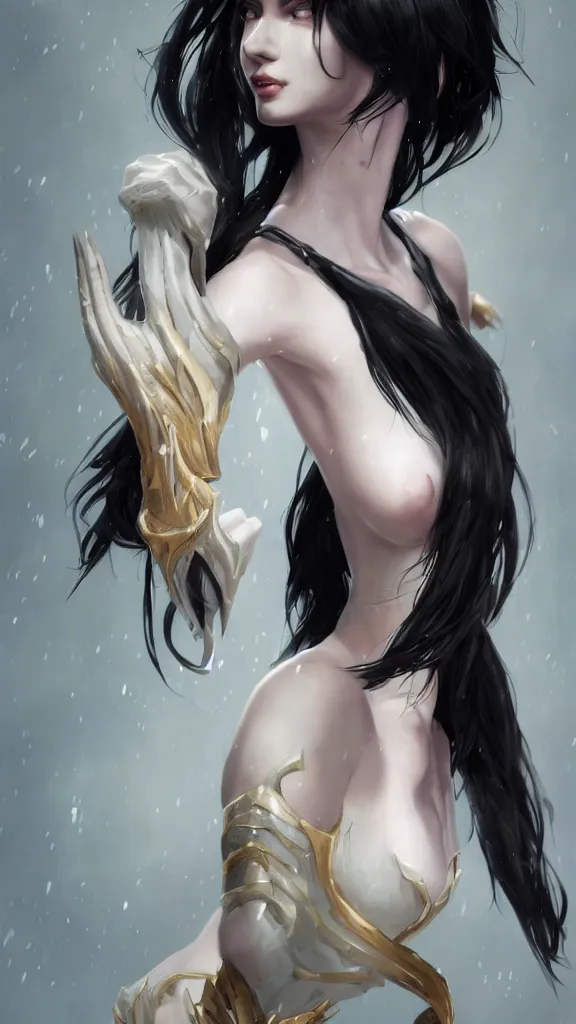 Image similar to tall woman with black hair and pale skin, from league of legends, as human, au naturel, hyper detailed, digital art, trending in artstation, cinematic lighting, studio quality, smooth render, unreal engine 5 rendered, octane rendered, art style by klimt and nixeu and ian sprigger and wlop and krenz cushart!