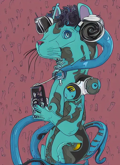 Prompt: cat seahorse fursona wearing headphones, autistic bisexual graphic designer and musician, attractive androgynous humanoid, coherent detailed character design, weirdcore voidpunk digital art by adrian smith, furaffinity, cgsociety, trending on deviantart