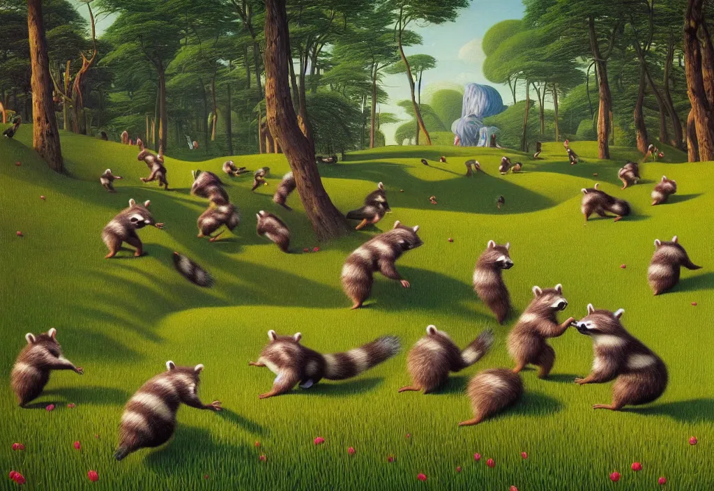 Prompt: hyper detailed 3d render like a Oil painting - playful raccoons frolic in a peaceful lush meadow, by Jacek Yerka, Mariusz Lewandowski, Houdini algorithmic generative render, Abstract brush strokes, Masterpiece, Edward Hopper and James Gilleard, Zdzislaw Beksinski, Mark Ryden, Wolfgang Lettl, hints of Yayoi Kasuma, octane render, 8k