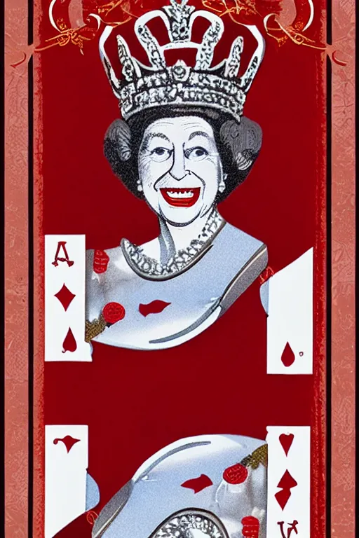 Prompt: photo of queen elizabeth ii as quin of cards from alice in wonderlands