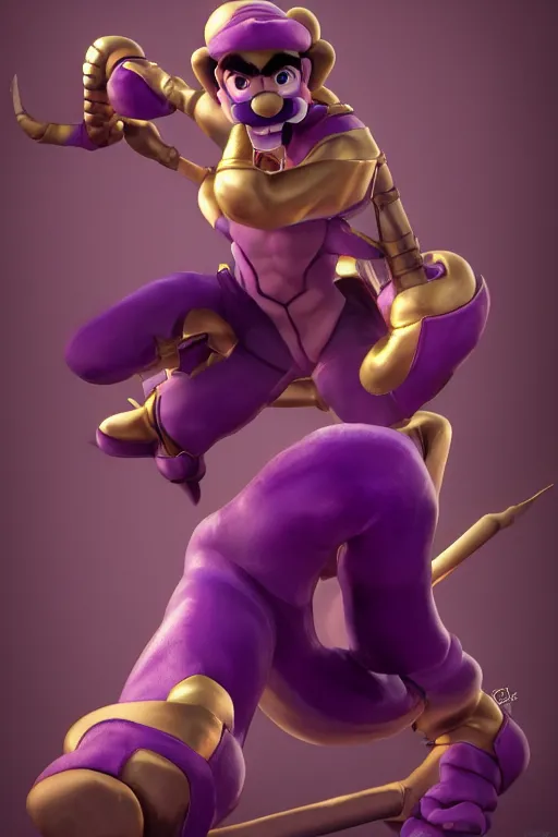 Image similar to pro wrestler waluigi striking a menacing Jojo pose , made by Stanley Artgerm Lau, WLOP, Rossdraws, ArtStation, CGSociety, concept art, cgsociety, octane render, trending on artstation, artstationHD, artstationHQ, unreal engine, 4k, 8k,