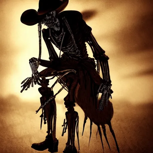 Prompt: a wounded skeleton cowboy in a long coat watching a sunset, concept art, DeviantArt, art station, illustration, highly detailed, artwork, cinematic, hyper realistic