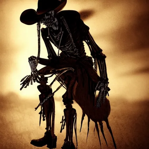 Image similar to a wounded skeleton cowboy in a long coat watching a sunset, concept art, DeviantArt, art station, illustration, highly detailed, artwork, cinematic, hyper realistic