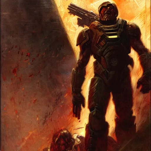 Image similar to Leonardo Dicaprio Doom Slayer, by gaston bussiere, craig mullins, Simon Bisley