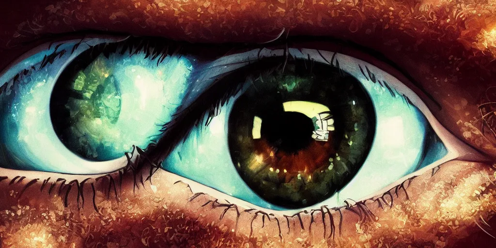 Prompt: an eye, cinematic angle, studio Ghibli, volumetric lighting, bold, beautiful composition, intricate, elegant, digital art, detailed oil painting, hyperrealistic, sharp focus, 8k