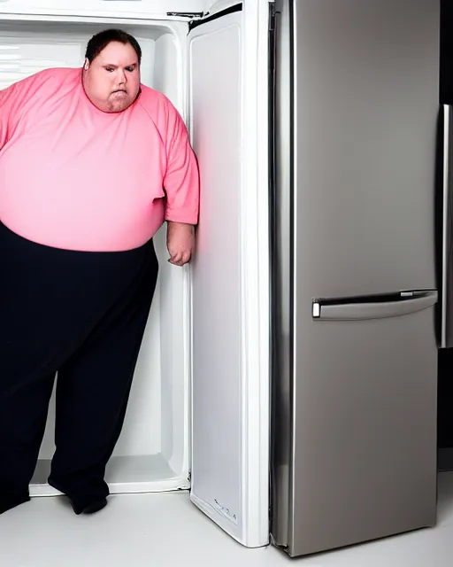 Image similar to Studio Photograph of a real life Super morbidly obese 800 pound American adult man trying to get into a refrigerator in the Style of Annie Leibovitz,