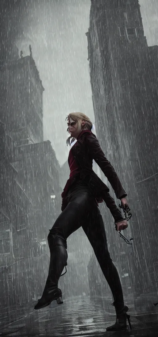 Image similar to professional shot annie leonhart in dunwall city, mid air shot, redshift render, beautiful face, detailed face, cinematic lighting, rainy weather, melancholy atmosphere, volumetric light, octane render, dishonored 1, gothic architecture, realistic reflections, octane render 8 k, action shot