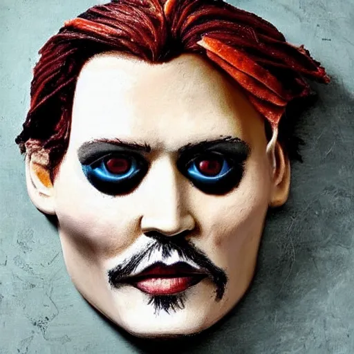 Prompt: johnny depp made out of jambalaya, a human face made out of a bowl of jambalaya