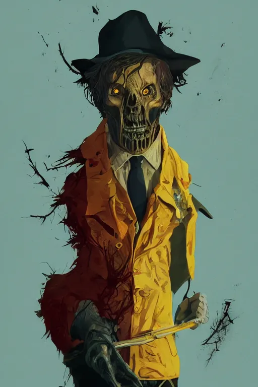 Image similar to the man in the yellow hat in sleepy hollow, full body, big two toned eyes, teeth gritted, horror, intricate details, cinematic, epic, realistic, anatomy, tomer hanuka, uplight, artstation, photorealistic, scary