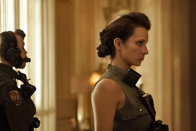 Prompt: cinematography closeup portrait of a beautiful woman cop talking to her shoulder radio in an decadent mansion foyer by Emmanuel Lubezki