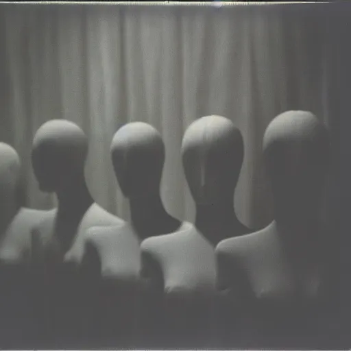 Prompt: dark room filled with shadowy mannequins with distorted features, distuburbing, horror, nightmare, terrifying, surreal, nightmare fuel, old polaroid, blurry, expired film, lost footage, found footage,