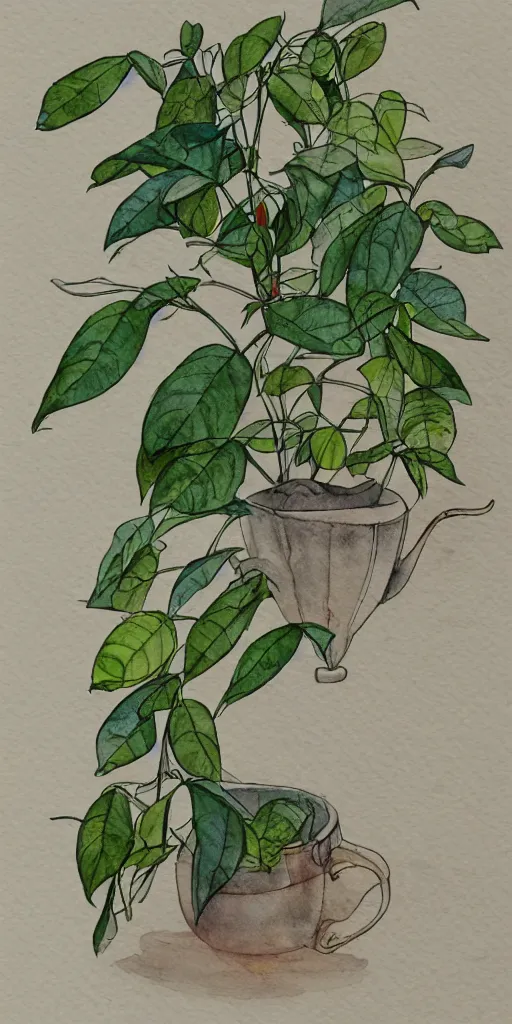 Image similar to water color and pen, high resolution, detailed, trending on artstation, tea plant