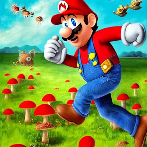 Image similar to a realistic portrait of chris pratt dressed as super mario running in a field of mushrooms by android jones