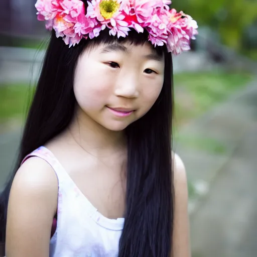 Prompt: half - white, half - asian girl, staring instensively, with a flower in her hair, award winning photography, canon eos c 3 0 0, f 4, 1 5 mm, natural light