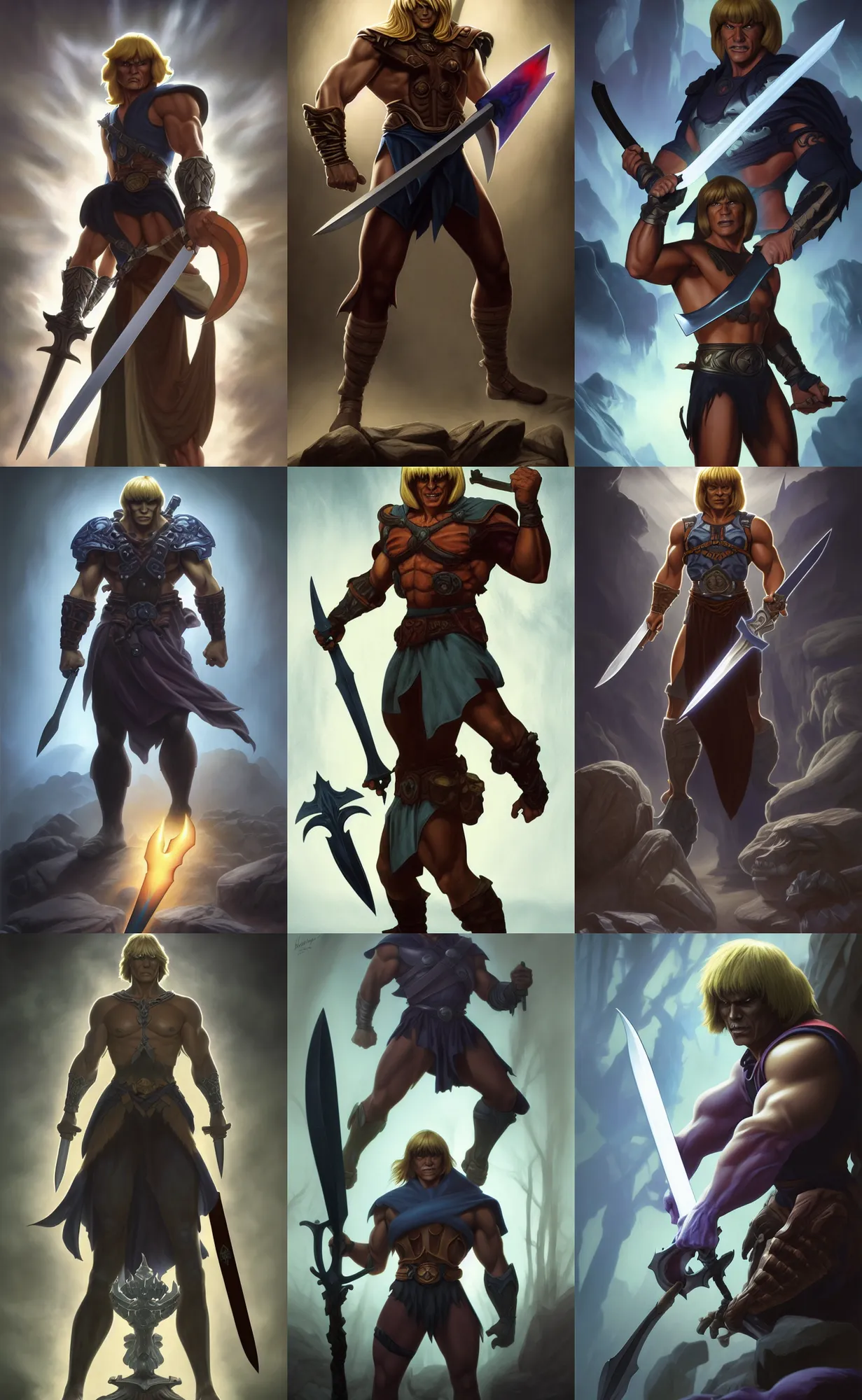 Prompt: full body centered uncut character pose of he - man, mysterious - eerie - ominous, he - man is holding the power sword in his right hand, dark grey shadowy smokey background, direct natural lighting, cinematic, epic, ultra - detailed, sharp focus, colored illustration, artwork by artgerm and greg rutkowski and alphonse mucha