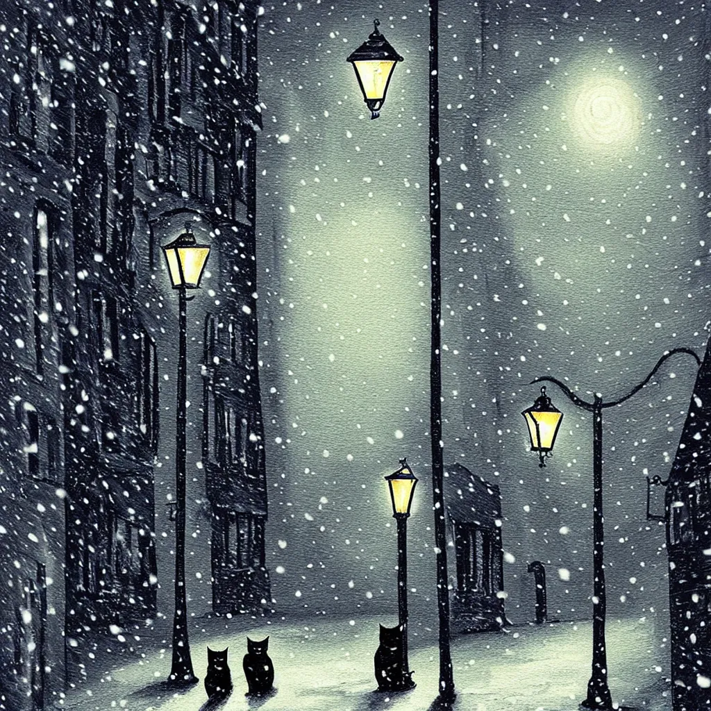 Prompt: neil gaiman cats at night near street light, snowing old brick street, warm feeling gothic, award winning art, 8 k,