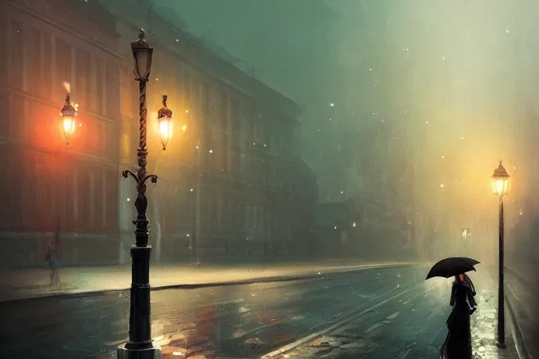 Image similar to lonely road of moscow at night with a single lamp post, walking woman with umbrella, artstation, detailed, by greg rutkowski,