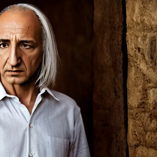 Prompt: braco the gazer as ben kingsley, clean shaven, long straight grey hair and white shirt