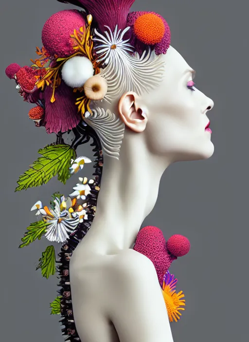 Prompt: biomechanical beautiful woman portrait with a smooth carved porcelain ivory profile face, futuristic haute couture, iris van herpin, headdress with daisies, colorful puffballs, magnolia leaves, tendrils, mushrooms, rhizomorphs, brackets, sponge corals, laser cut paper, red plump lips, magnesium, hyper detailed, ultra sharp, 8 k, uhd