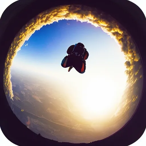 Image similar to corpulent trucker skydiving, fisheye lens