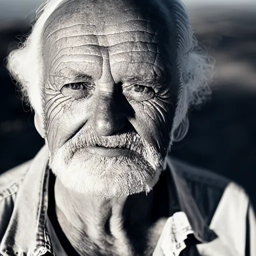 Prompt: a beautiful portrait cyanotype of an old man, beautiful detailed eyes, golden hour in pismo California, outdoors, professional award winning portrait photography, Zeiss 150mm f/ 2.8 Hasselblad