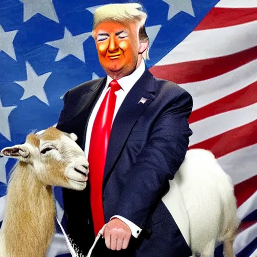 Prompt: Donald Trump in space riding a goat with a pickle in his mouth