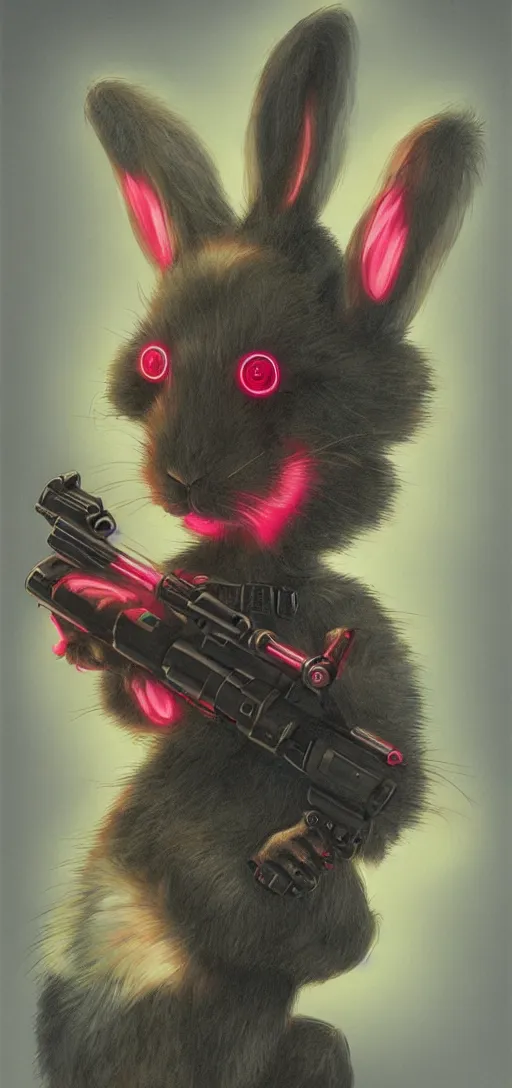 Image similar to portrait of neon fur rabbit with red eyes and a machine gun , 8k, highly detailed, sharp, realistic, in style of Brom