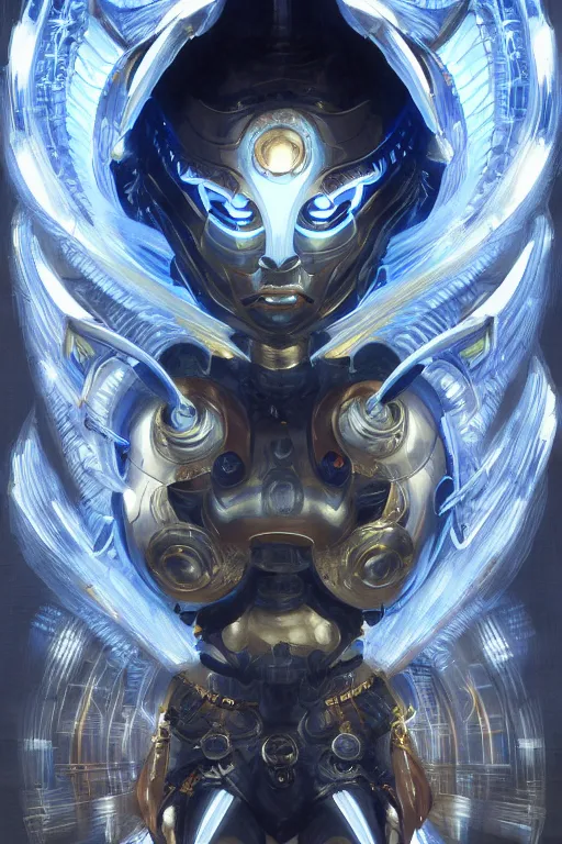 Image similar to asura from chinese myth, ghost, mecha, symmetrical. sci - fi, tech wear, glowing lights, intricate, elegant, highly detailed, digital painting, highly detailed, digital painting, artstation, concept art, smooth, sharp focus, illustration, art by artgerm and greg rutkowski and alphonse mucha