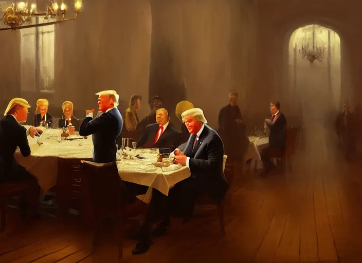 Prompt: donald trump working as a waiter, waiting on a table, matte painting, extreme detail, trending on artstation, by isaac levitan and asher brown durand,