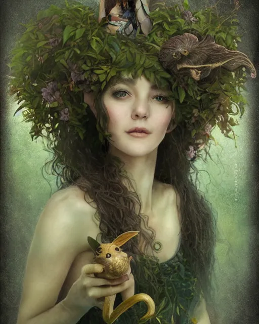 Image similar to dryad musician with a mysterious smile, inspired by brian froud, portrait, accompanied by a cute feathered mouse, studio lighting by jessica rossier and brian froud and gaston bussiere