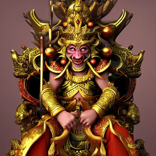 Image similar to monkey king godly lord of monkeys, wearing a crown, holding a staff, sitting in throne 8 k render high detail