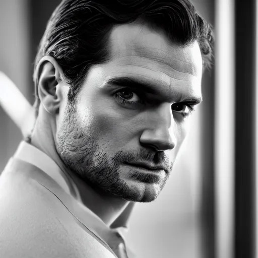 Image similar to a studio portrait of henry cavill as the next james bond, black and white, 5 0 mm 1. 2 lens, low key lighting