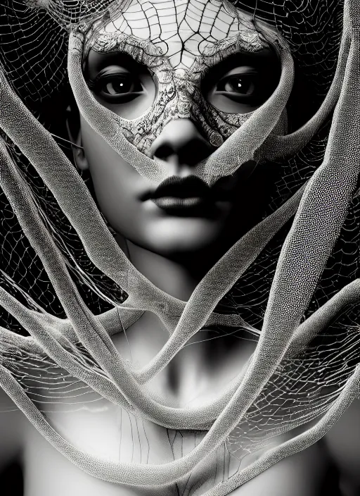 Image similar to surreal mythical dreamy dark artistic black and white fine art photo of a beautiful young female medusa - cyborg covered with lace fish scales and translucent algae, highly detailed, intricate crystal ivy jelly fish scales ornate, lace web, poetic, octane render, 8 k, photo - realistic, by man ray