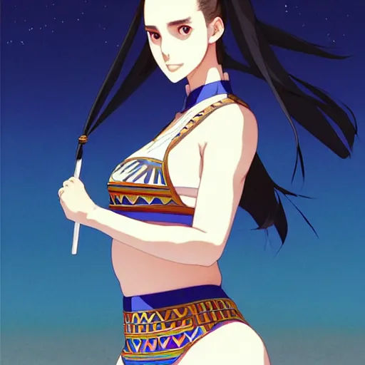 Image similar to a beautiful plus sized model japanese natalie portman, alluring plus sized model, wearing mayan leotard with elegant mayan apron, street fashion hip hop style with mayan patterns, aztec street fashion, gapmoe yandere grimdark, trending on pixiv fanbox, painted by greg rutkowski makoto shinkai takashi takeuchi studio ghibli, akihiko yoshida