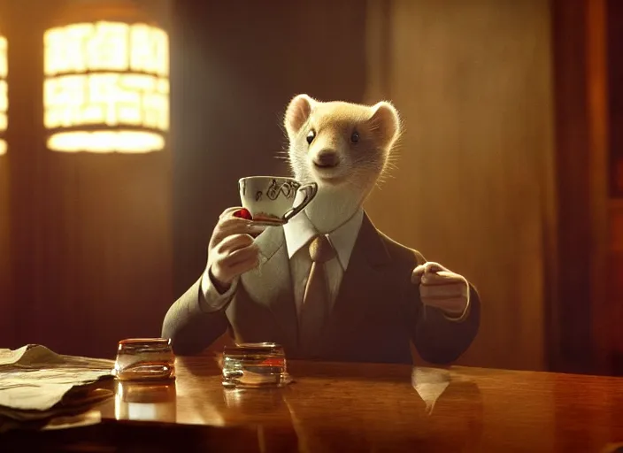 Prompt: A very high resolution image from a new movie, A Weasel wearing a suit drinks tea in a shabby Chinese room, surrounded by water vapor,beatiful backgrounds,dramatic Lighting, directed by hao ning