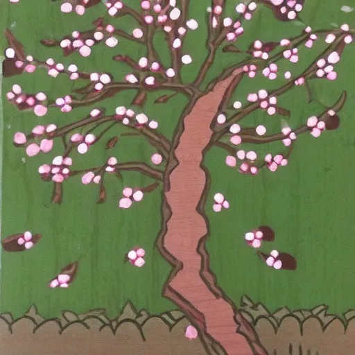 Prompt: a lone cherry tree in blossom! , with falling-leaves and falling-flowers in the background! In the style of wood cutting