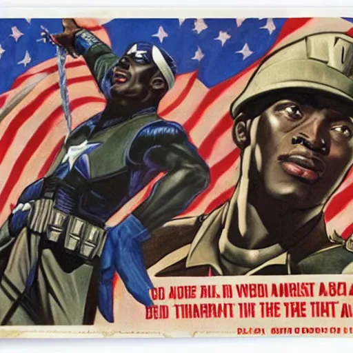 Prompt: black captain america. wwii american propaganda poster by james gurney