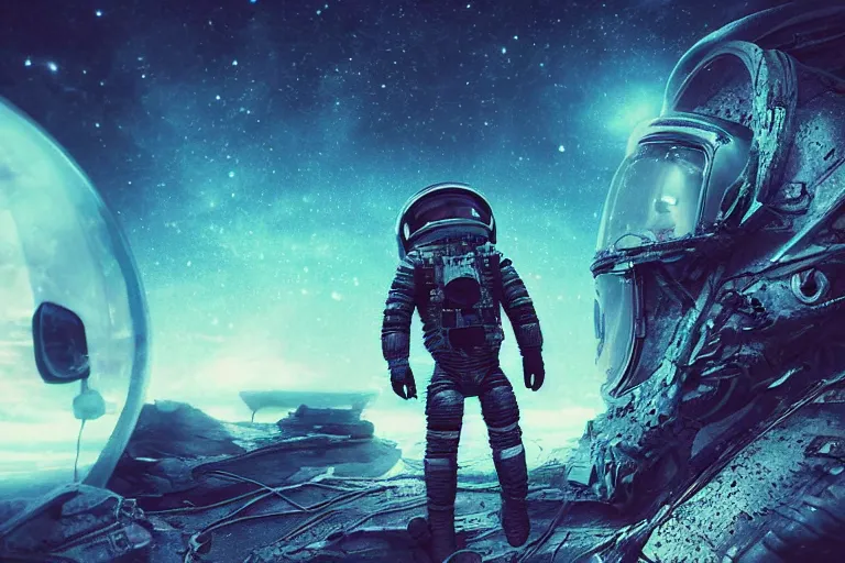 Image similar to distant low angel photograph of an astronaut exploring an abandoned alien planet with alien skeletons, alien skulls, fallen kingdom city ruins, science fiction, detailed space suit, cinematic, hypermaximalist, detailed, 4k, 8k, breathtaking stars, surrealism, distant, concept art, digital art, sharp focus, reflections, RTX, octane render, acid pixie, Trending on DeviantArt