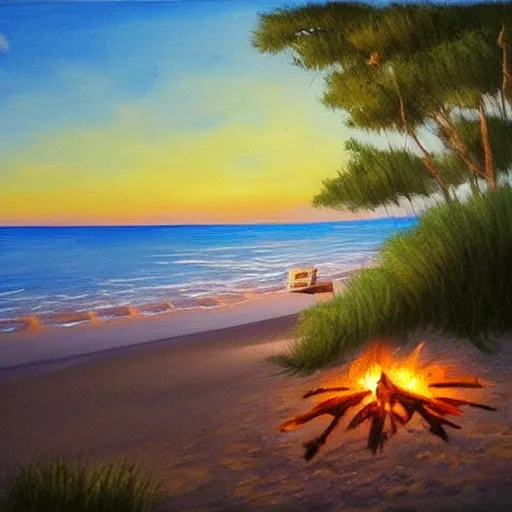 Image similar to Campfire on the beach, Moonlit ocean, Secluded beach, Painting