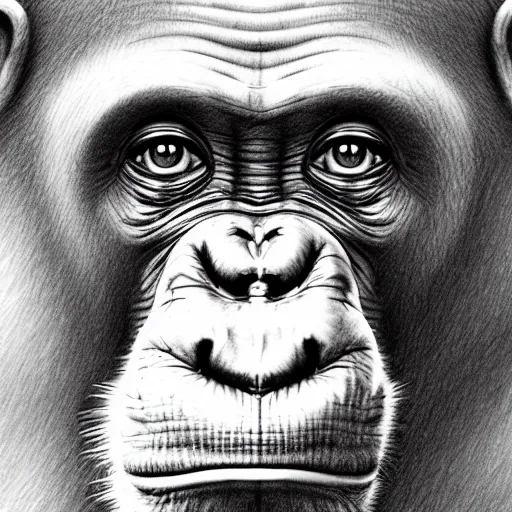 Prompt: a very detailed pencil drawing of a happy chimpanzee 4 k, high resolution, still, landscape, hd, dslr, hyper realistic, sketch