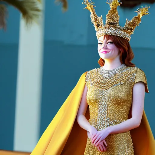 Image similar to A full body shot of Emma Stone wearing a golden Arabian crown , royality, high quality, fully detailed, 4k